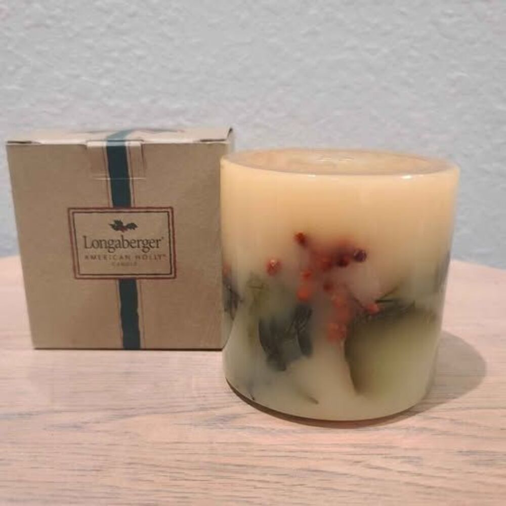 Longaberger American Holly Candle Bayberry Pine Botanical Pillar Vintage 2001 4"